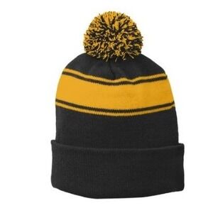 Lot Of 6 Sport-Tek STC28 Black Yellow Pom Beanie Knit Winter Hat Unisex Lot of 6